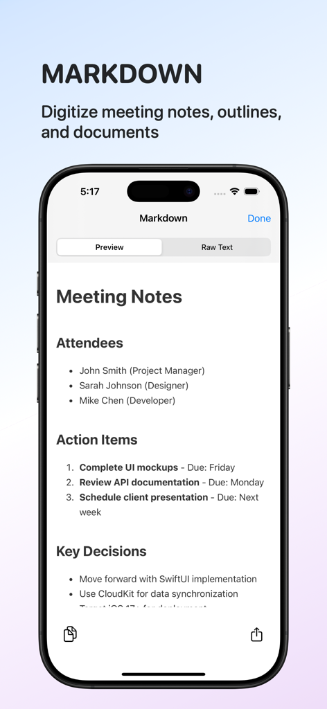Scan.AI - AI Scan & Format - Smartphone screen displaying meeting notes converted into Markdown format using Scan.AI