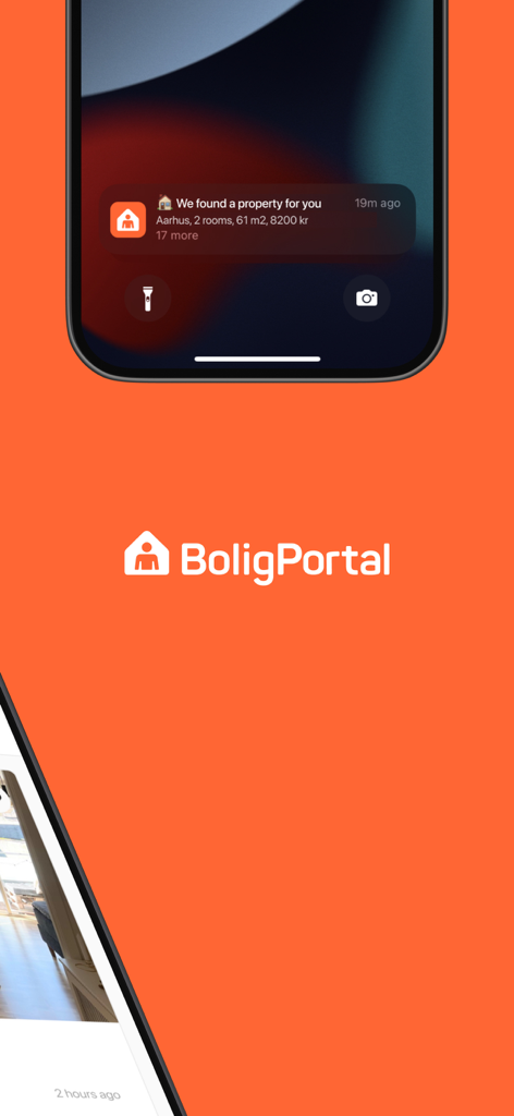 BoligPortal - A smartphone lock screen showing a BoligPortal push notification for a new rental property listing in Aarhus
