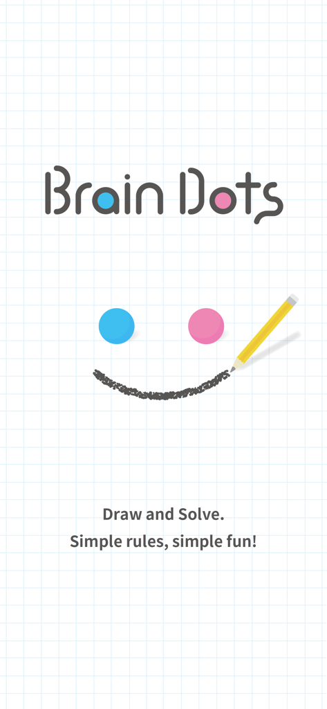 Brain Dots - Brain Dots game title screen with blue and pink dots and a pencil drawing a line on a grid background