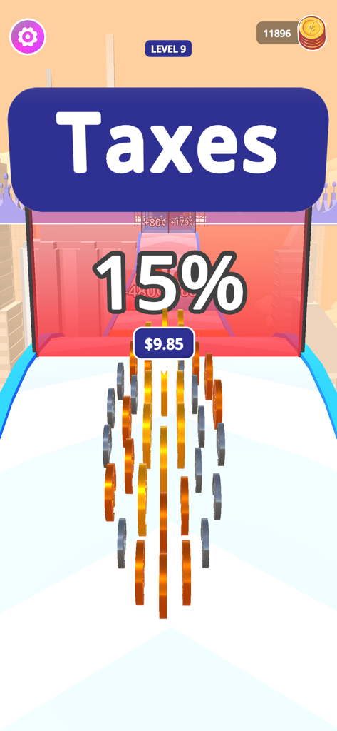 Money Rush - Jugabilidad de Money Rush que muestra una pila de monedas acercándose a una puerta de impuestos del 15 por ciento