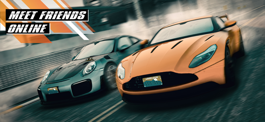 Drift for Life - Deux voitures de sport haute performance roulant côte à côte avec le texte rencontrez des amis en ligne.