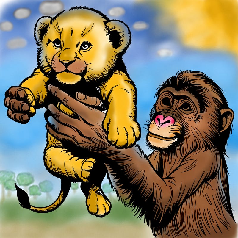 a  baby lion held over by the hands of a monkey realistic