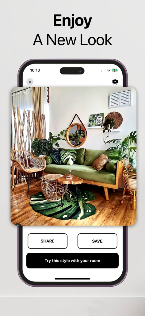 Interior AI Room Design Home - A mobile app interface showing a boho style living room with a green sofa and plants.