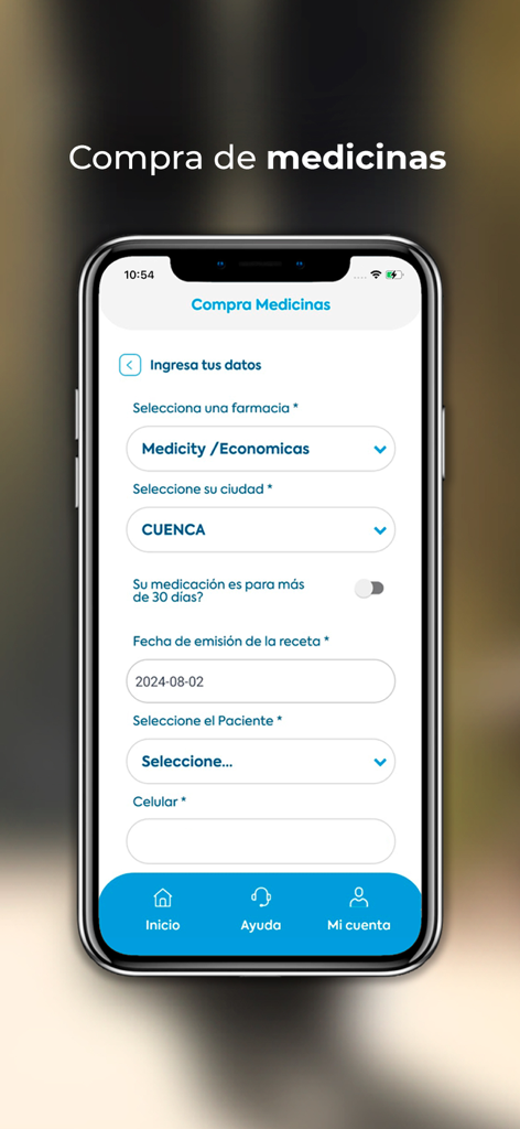 Mi Humana - Interface of the Mi Humana app showing the medication purchase form with fields for pharmacy selection and city in Ecuador.