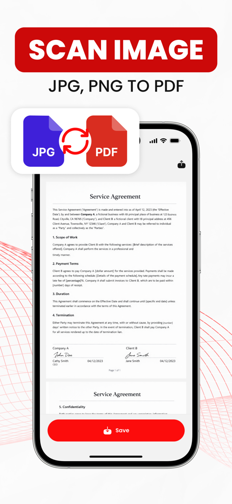 iPhone screen showing JPG to PDF conversion for a service agreement document