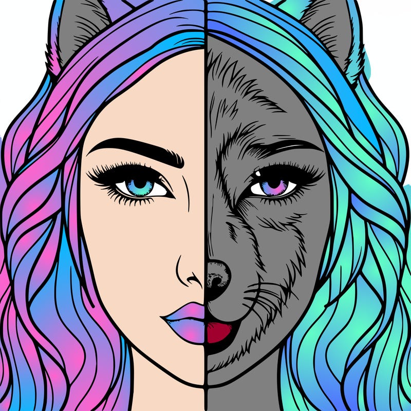 split face realistic woman and wolf