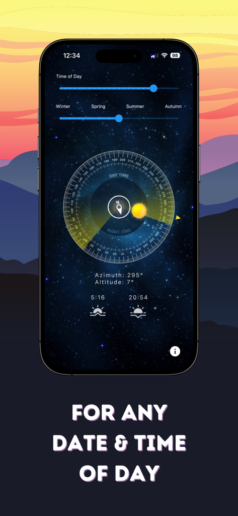 Sun Locator - Find the Sun - Sun Locator app displaying solar path tracking with seasonal sliders and azimuth data