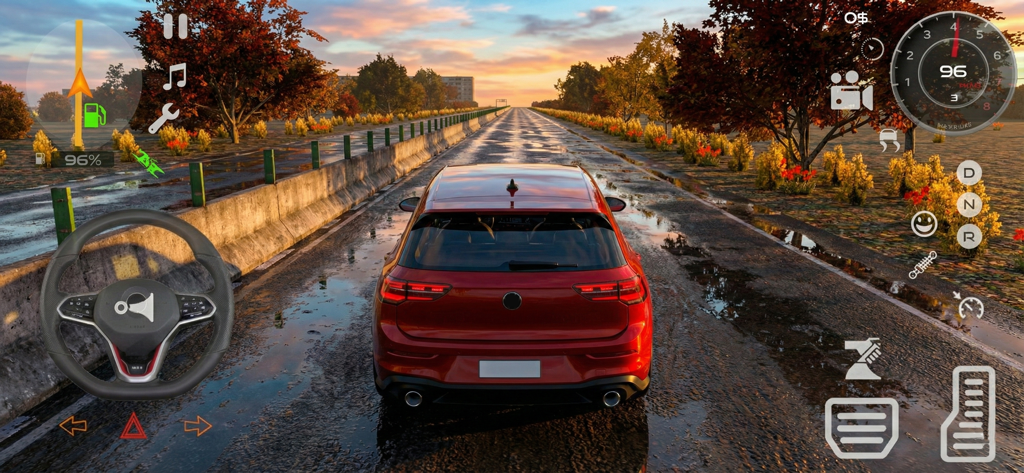 A red hatchback driving on a wet road at sunset in a 3D car simulation game
