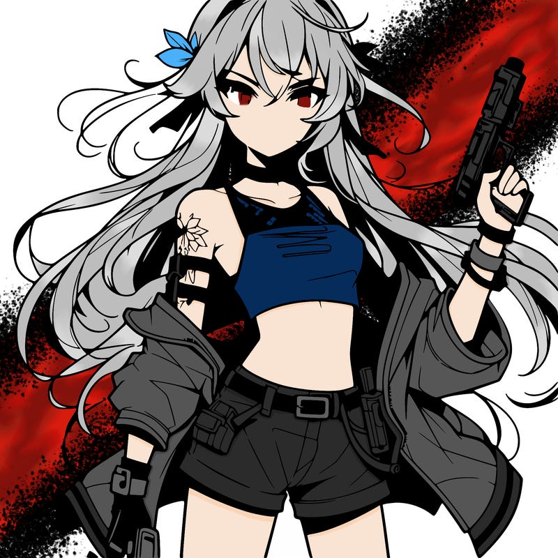 bad girl wearing crop top holding a gun long hair anime