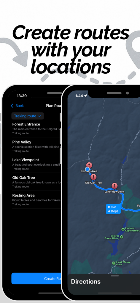 PinHub: Save Location - Interface of PinHub app displaying a multi-stop trekking route on a map and in a list