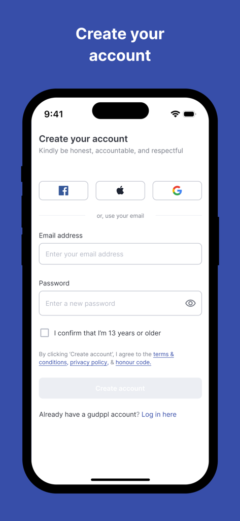 Pantalla de registro para la aplicación gudppl que muestra opciones de inicio de sesión social y creación de cuenta de correo electrónico