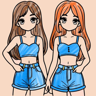 two sisters with crop tops and jean shorts and straight hair