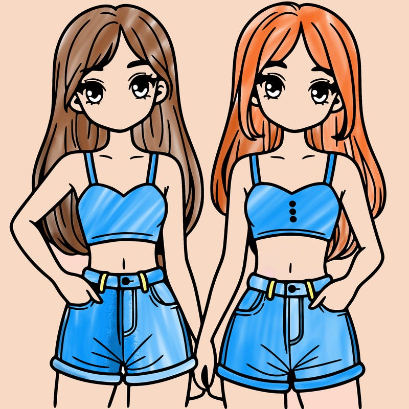 two sisters with crop tops and jean shorts and straight hair