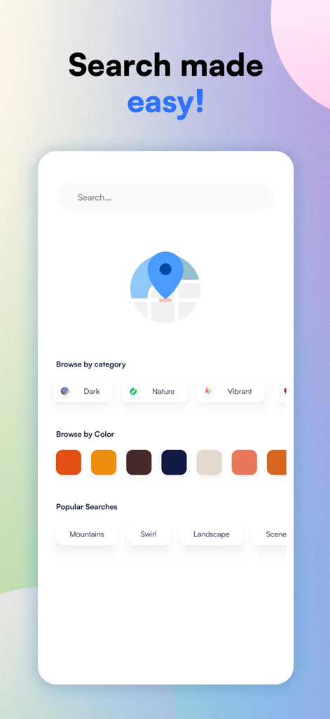 Lumina Wallpapers - Pantalla de búsqueda de la aplicación Fondos de Pantalla Lumina mostrando opciones para buscar por categoría, color y etiquetas populares