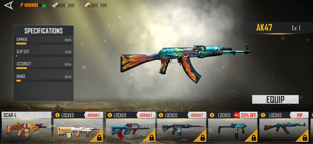 Gun skin customization menu in WarStrike Shooting Games showing an AK47 with a colorful phoenix pattern