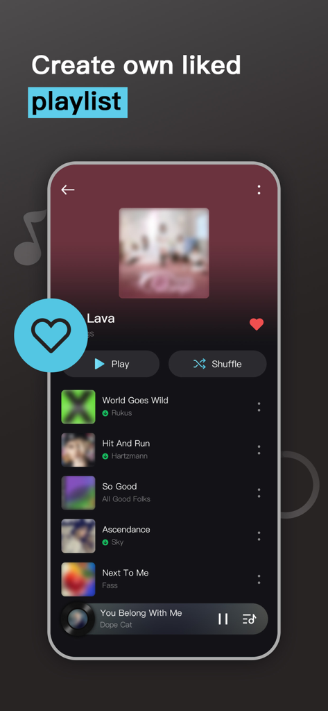 MusicBox - Music&Video Player - Interfaz de la aplicación MusicBox mostrando una lista de reproducción personalizada de canciones favoritas con una lista de pistas musicales.