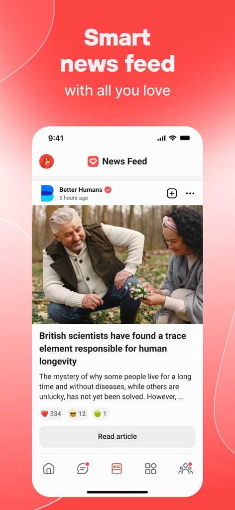 Interfaccia per app mobile del messenger online Gem Space che mostra un feed di notizie intelligente e selezionato con articoli