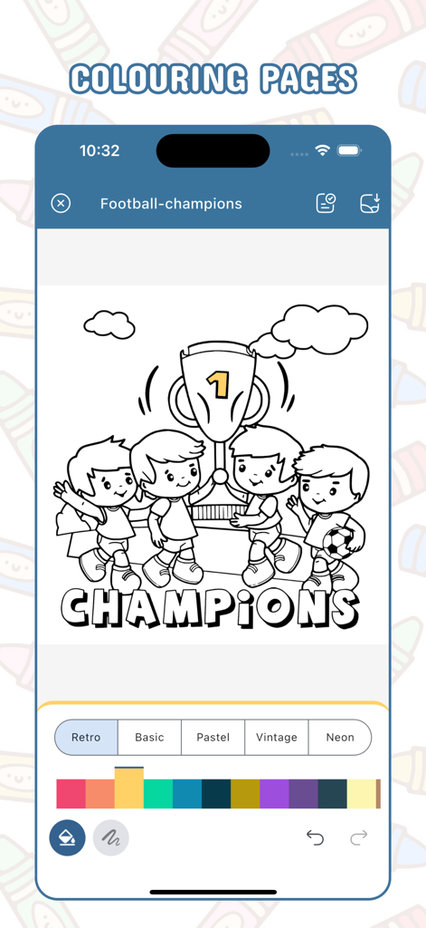 Football Coloring, Draw Soccer - Cartoon soccer champions coloring page with trophy and color palette