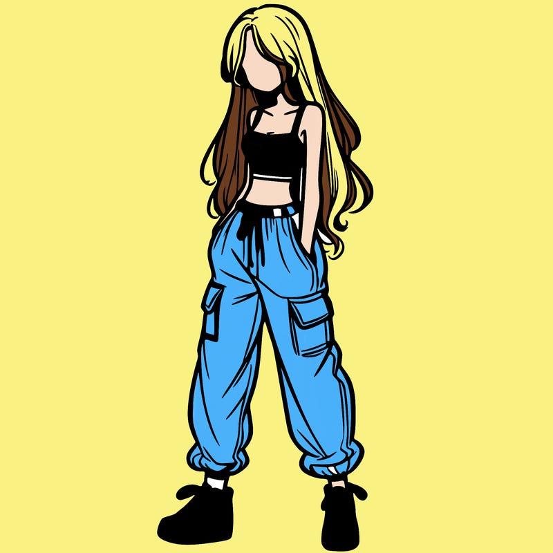 girl in baggy pants crop top and long hair