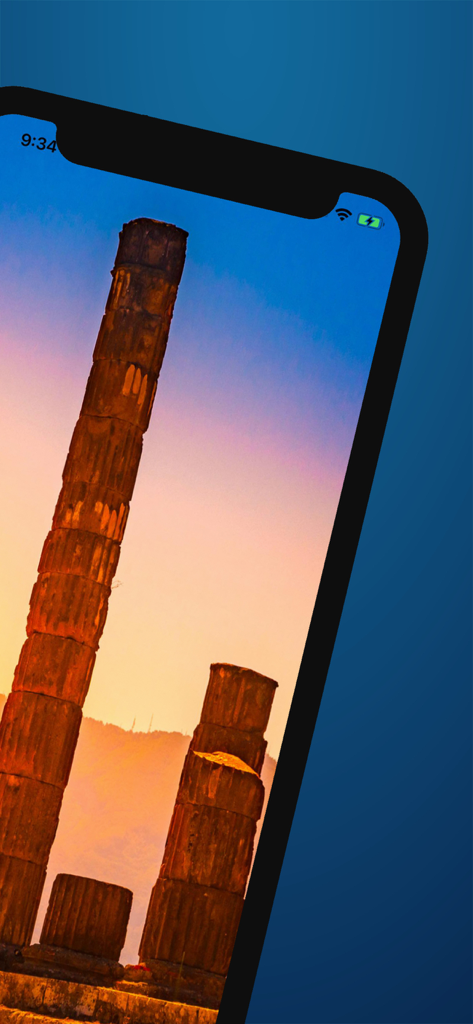 Pantalla de smartphone mostrando antiguas columnas romanas en Pompeya al atardecer