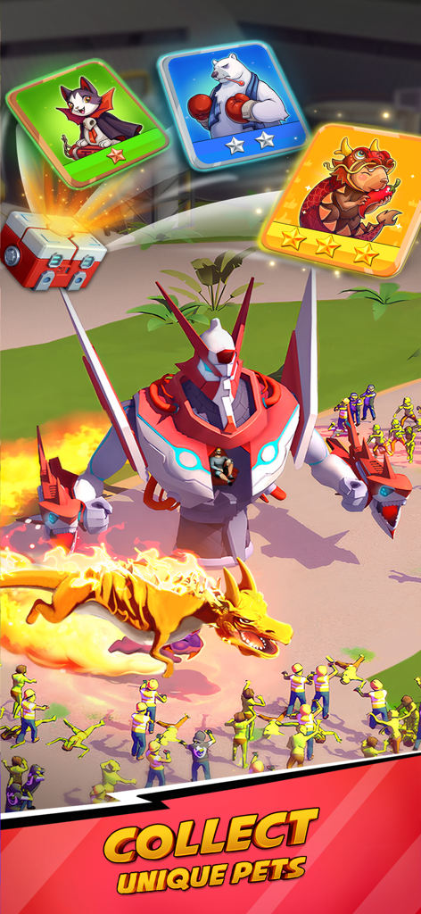 Tower Defense: Lazy Apocalypse - Un meca de batalla gigante y una mascota dragón llameante luchando contra una horda de zombis con cartas de personajes coleccionables.