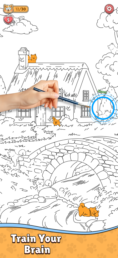 Find the Dog: Hidden Objects! - Gameplay screenshot of Find the Dog showing a hand-drawn scene with hidden puppies and the text Train Your Brain.