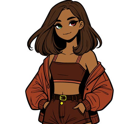 a realistic girl with a crop top and short shorts in an open jacket