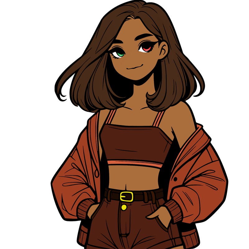 a realistic girl with a crop top and short shorts in an open jacket