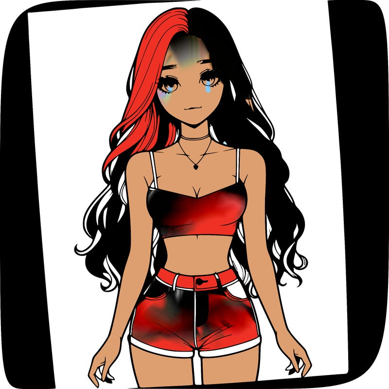 a realistic girl with long hair and in a crop top and shprts