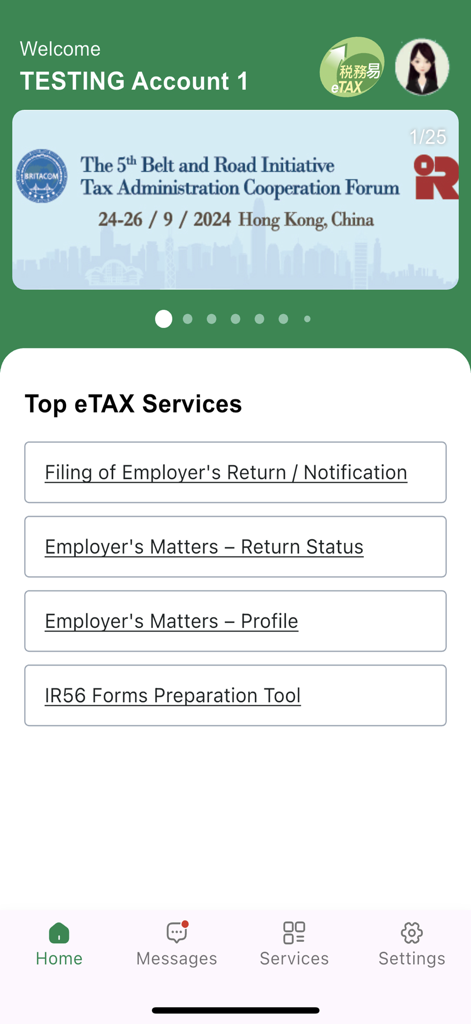 eTAX by IRD - Home screen of the eTAX by IRD mobile app displaying top tax services and employer-related tools.