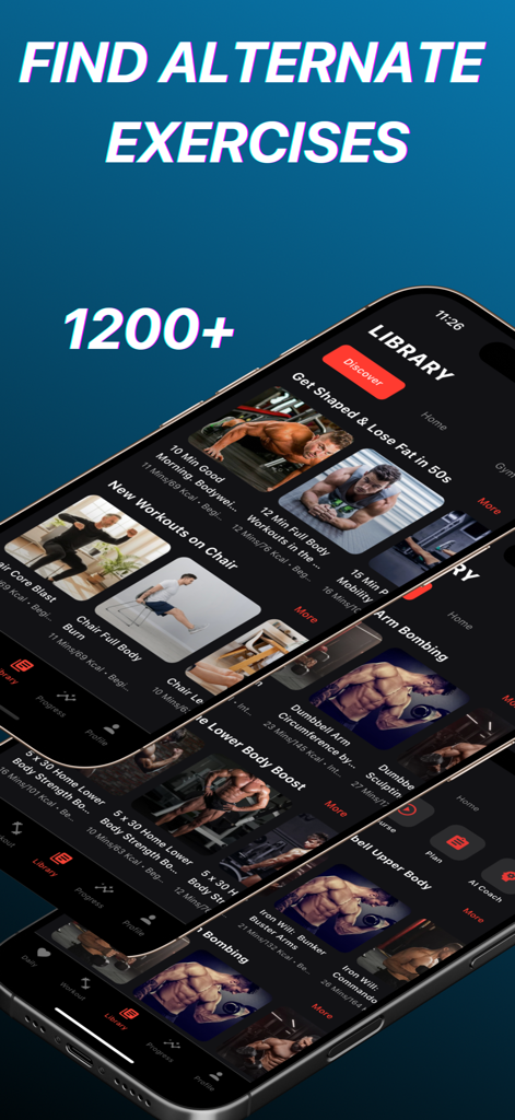 Écran de l'application FitBeast affichant une vaste bibliothèque de plus de 1200 exercices alternatifs et des plans d'entraînement catégorisés.