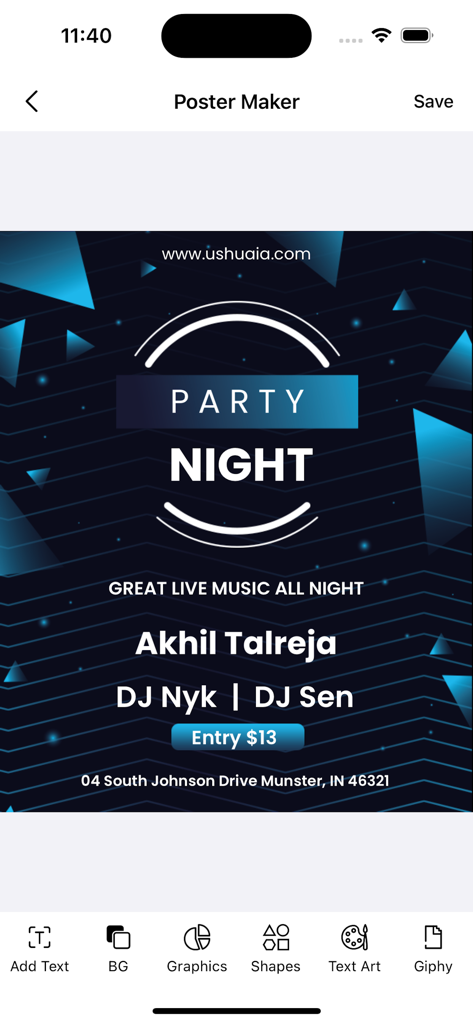 プロのパーティーナイトフライヤーテンプレートを編集するためのモバイルアプリ画面。