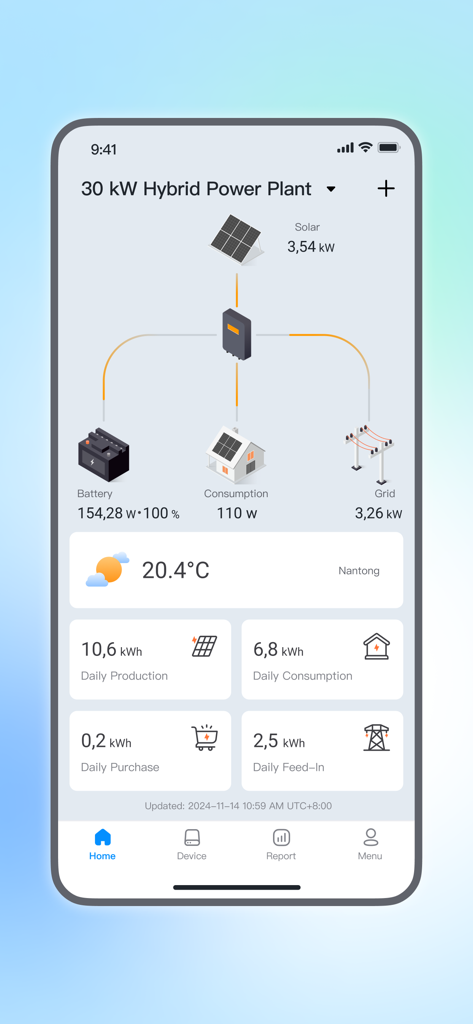 Panel de control de la aplicación SolarMAN Smart que muestra la producción de energía solar en tiempo real y el estado de almacenamiento de la batería