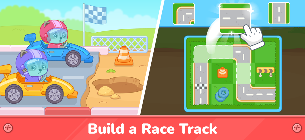 Building Games for Kids 2-6 - Interfaz de juego educativo que muestra una pantalla dividida con personajes en autos de carreras y un rompecabezas para construir una pista de carreras.