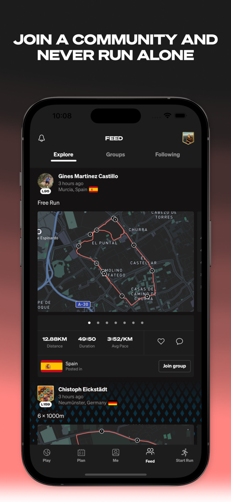 A social feed on the INTVL running app displaying GPS maps and performance stats from other runners.