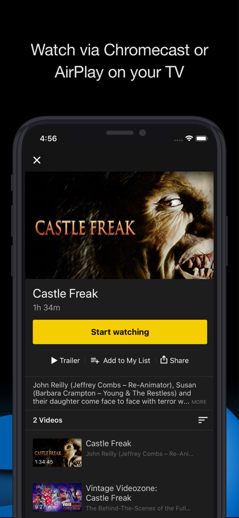 Full Moon Features - Interface de l'application de streaming d'horreur Full Moon Features montrant le film Castle Freak avec des options pour diffuser sur une TV via Chromecast ou AirPlay