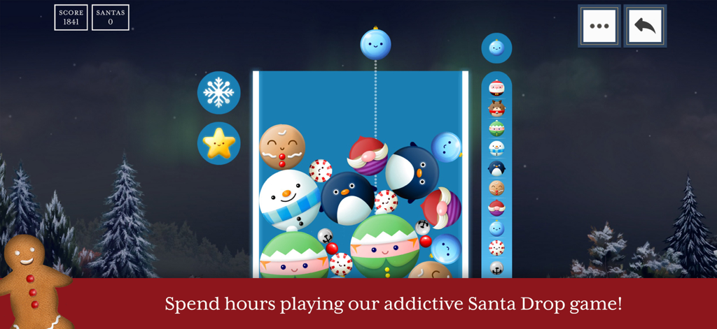 Festive Santa Drop puzzle game featuring cute holiday characters in a wintry landscape