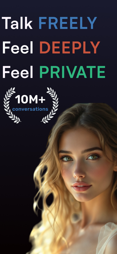 Pantalla promocional de la aplicación Juicy AI que destaca conversaciones privadas y conexión emocional con un retrato de personaje de IA