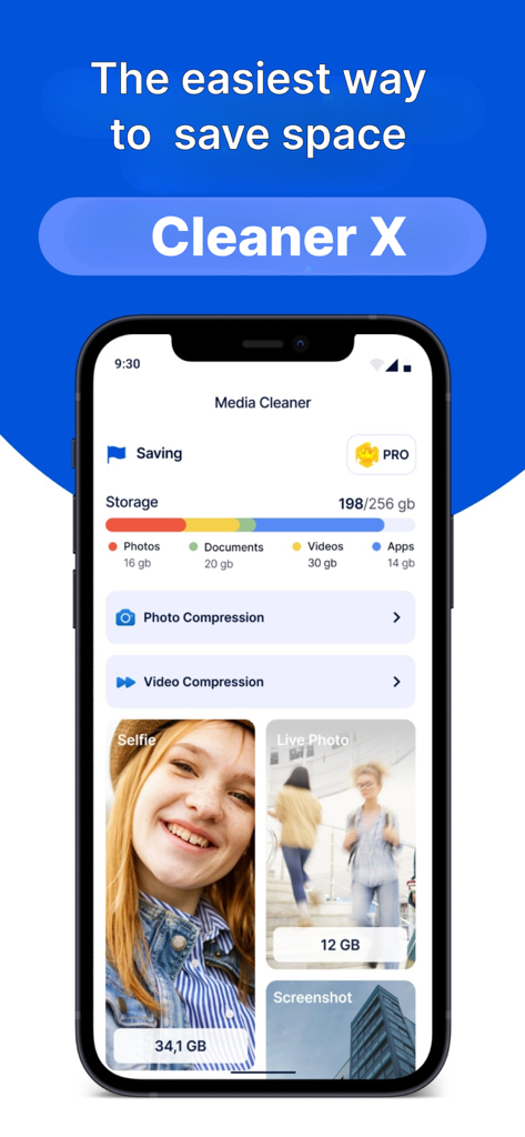 Cleaner X: Phone Photo Cleanup - Cleaner X app interface displaying storage usage breakdown and media cleanup options on an iPhone