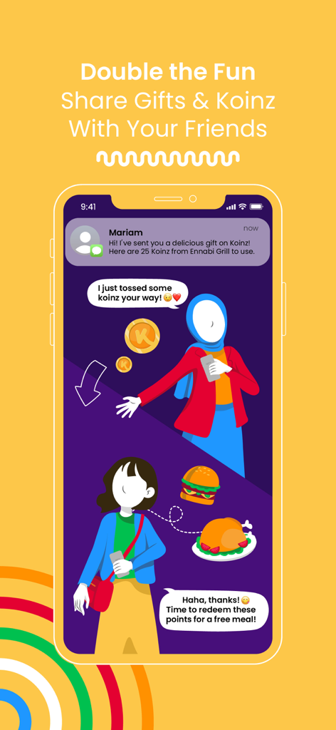 Eine grafische Illustration, die die soziale Funktion der Koinz App zeigt, bei der Benutzer Belohnungspunkte und Essensgeschenke an Freunde senden können.