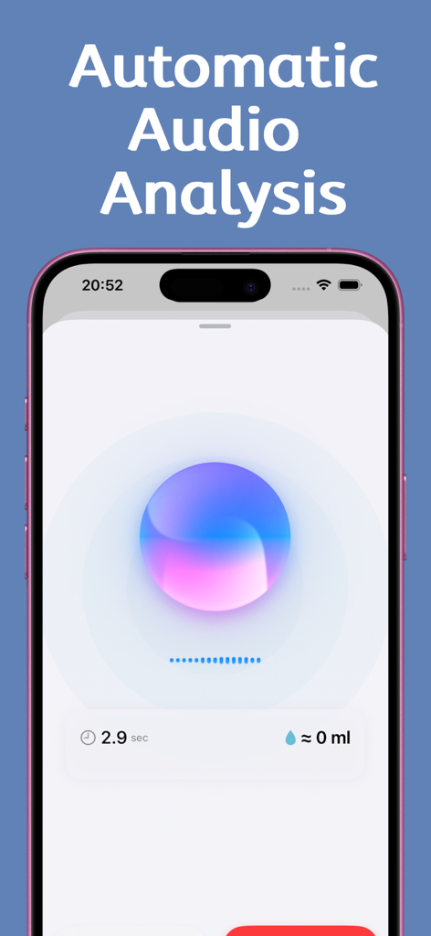 Eine mobile Oberfläche, die die automatische Audioanalysefunktion in der Blasentagebuch- und Journal-App zeigt