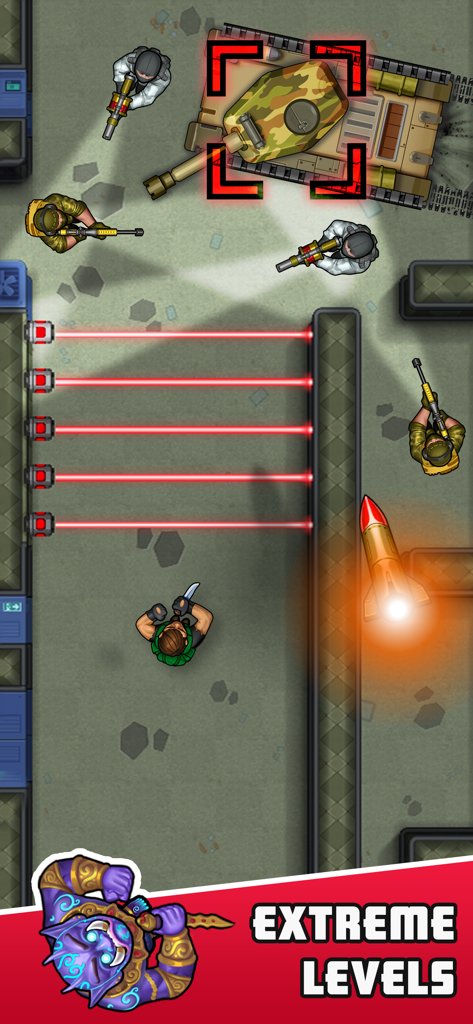 Hunter Assassin - Draufsicht des Gameplays, die einen Attentäter zeigt, der Lasern und einem Panzer in einem extremen Level ausweicht