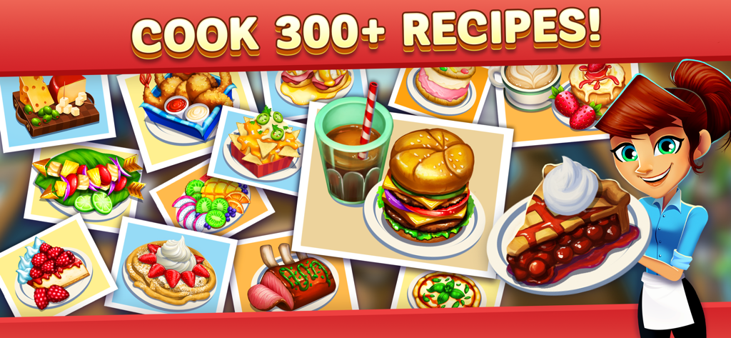 Flo character showcasing various food recipes in Diner DASH Adventures