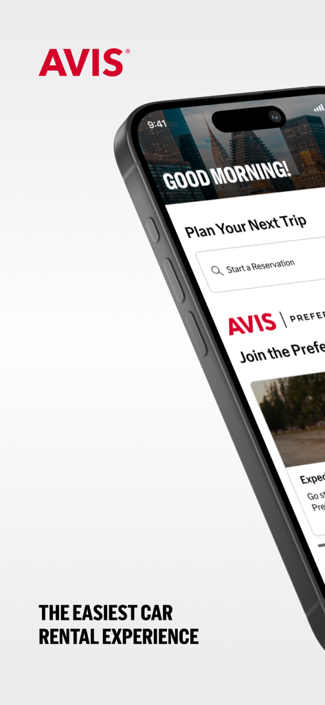 Avis car rental app home screen on a mobile device showing the plan your next trip interface