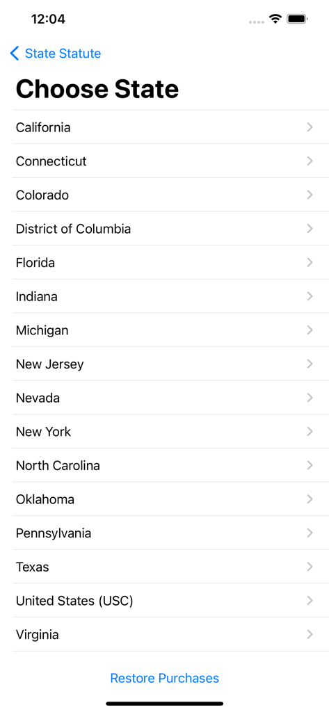 State Statute & Federal Law - 법률 조사를 위해 미국 주를 선택하는 목록을 표시하는 화면