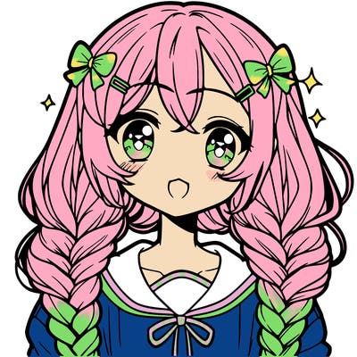 anime girl with two big braids in front and one big braid in the back