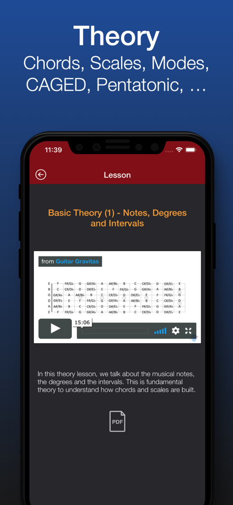 Guitar Gravitas app screenshot showing a music theory lesson on notes degrees and intervals with a video tutorial