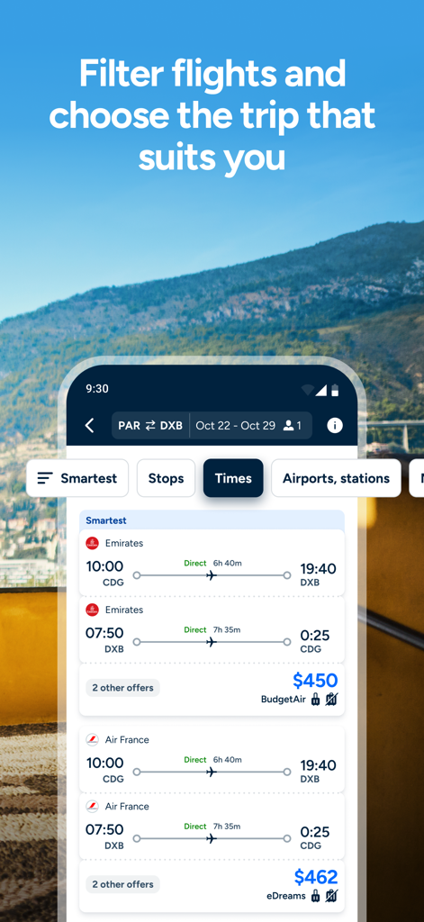 Interfaccia dell'app Liligo che mostra i risultati della ricerca voli con filtri per orari e prezzi
