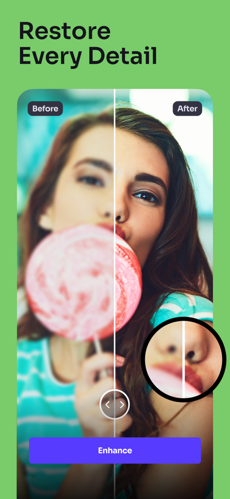 Comparação de antes e depois de uma foto restaurada com o aprimorador de fotos Mirage com IA