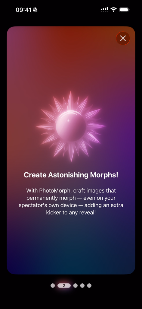 PhotoMorph - PhotoMorph magic app screen showing the Create Astonishing Morphs feature with a glowing orb icon.